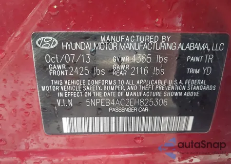 2014 Hyundai Sonata Gls z USA, uszkodzony, nr VIN 5NPEB4AC2EH825306